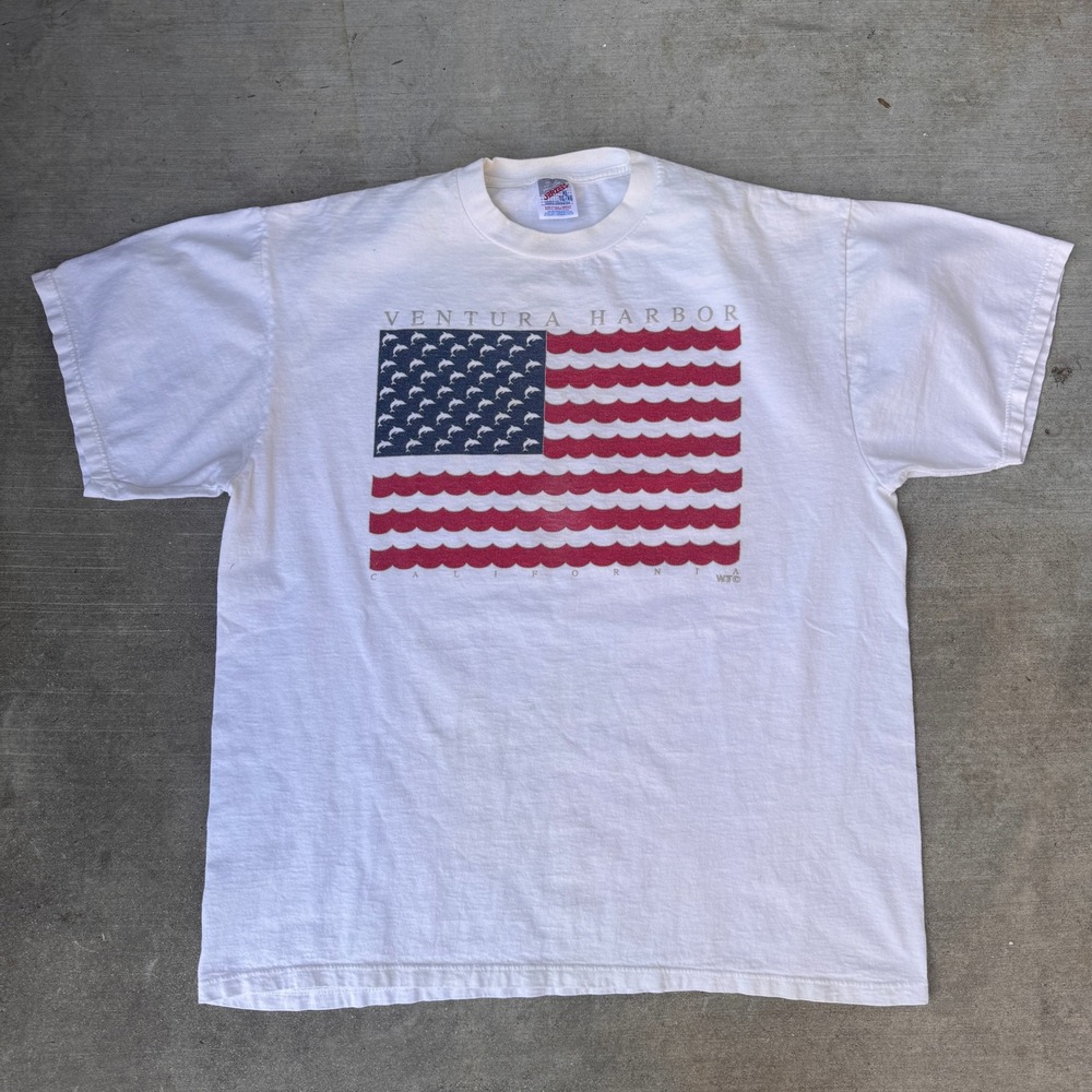 Vintage Jerzees Ventura Harbor California Dolphin Flag T-Shirt White XL USA Made